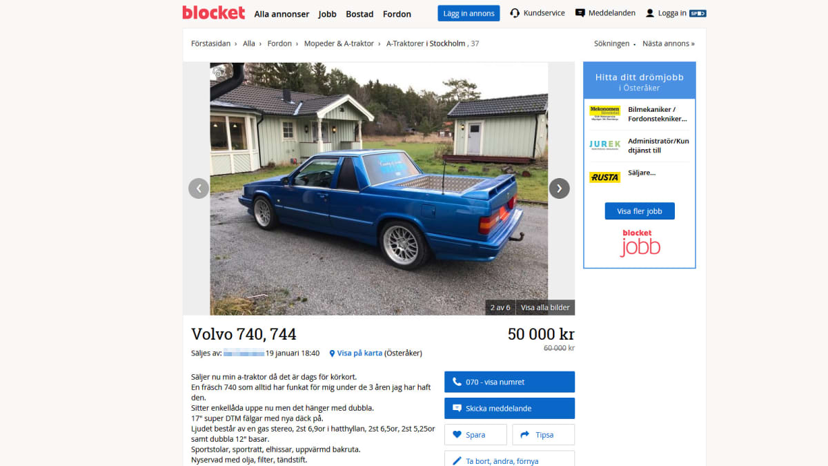 A-traktori-Volvon myynti-ilmoitus ruotsalaisella Blocket-sivustolla.