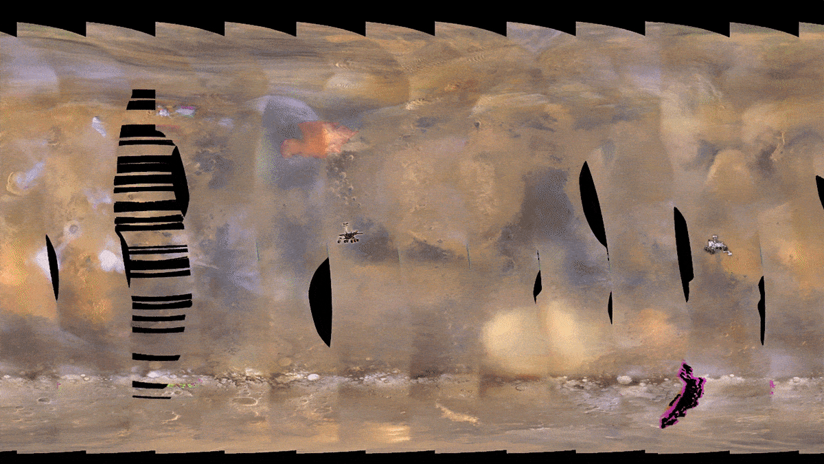 Gif-animaatio hiekkamyrskystä Marsissa.