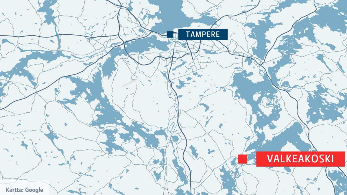 Kartta, jossa Tampereen ja Valkeakosken sijainnit.