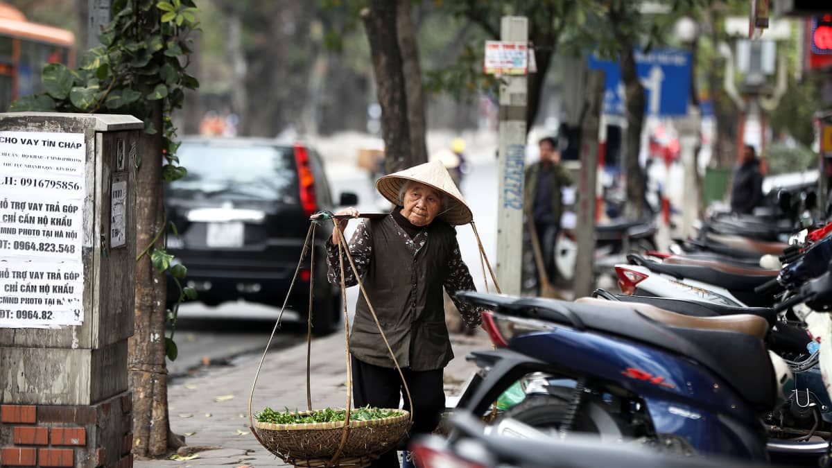 Nainen kantaa vihanneskuormaa kadulla Hanoissa Vietnamissa.