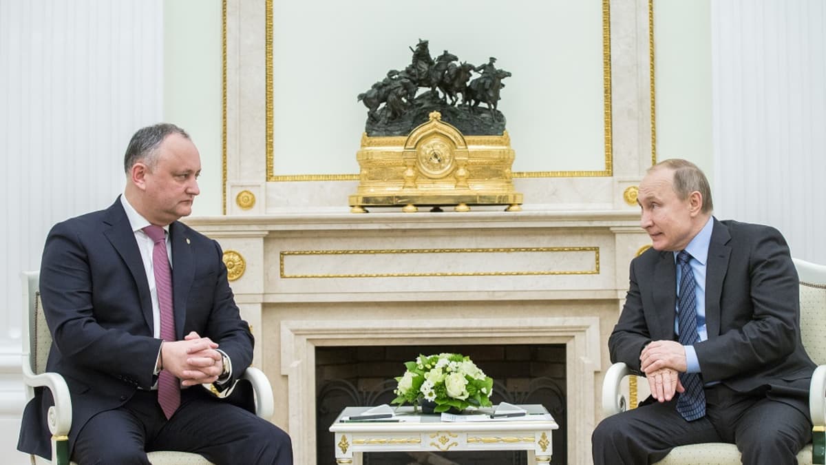 Dodon ja Putin istuvat tuoleilla takan edessä. Putin puhuu, Dodon kuuntelee. Miehillä on harmaat puvut, Putinilla sininen kravatti ja vaaleansininen kauluspaita, Dodonilla punainen kravatti. Takan reunuksella on iso kultainen kello, jonka päällä on hevoslaumaa ohjaavaa ratsumiestä esittävä patsas.