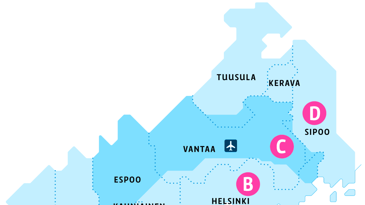Pelkistetty kartta HSL vyöhykkeistä.