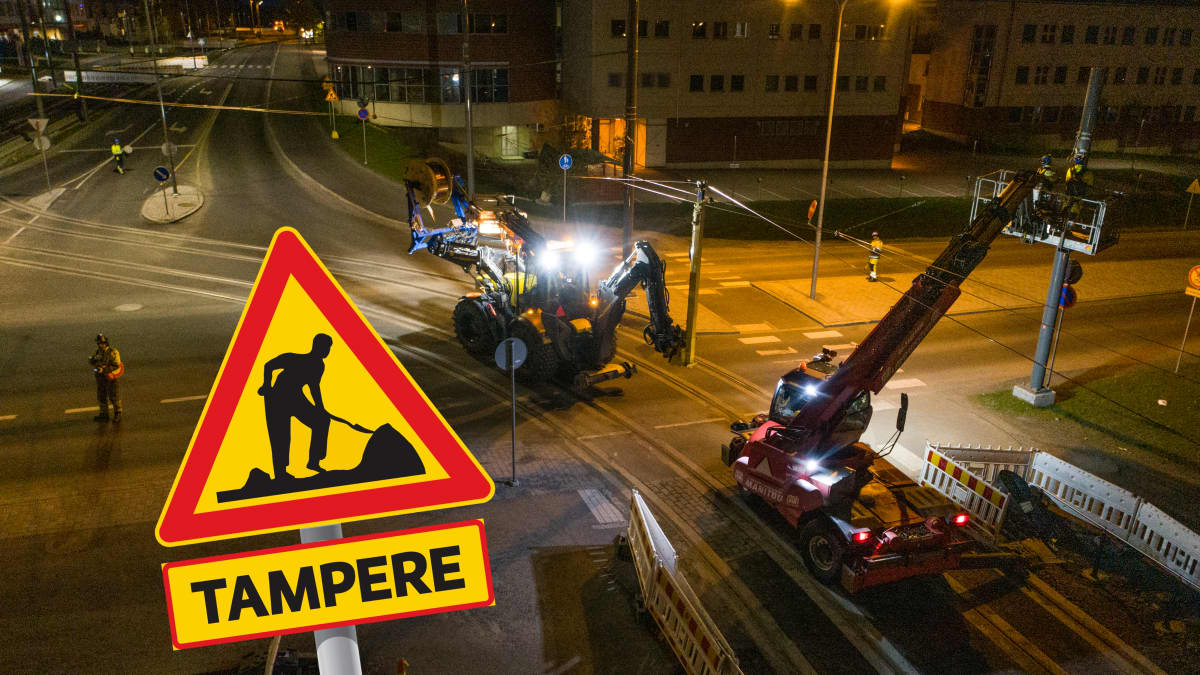 Raitiotietyömaa Hervannassa, reunassa tietyömaa kyltti Tampere -tekstillä