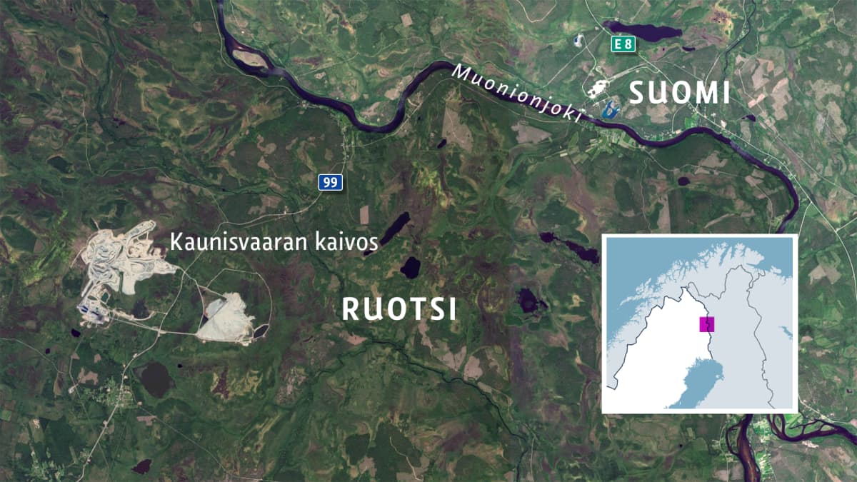 Karttagrafiikka Kaunisvaaran kaivoksen sijainnista Muonionjoen vesistöalueella. Grafiikka: Harri Vähäkangas / Yle