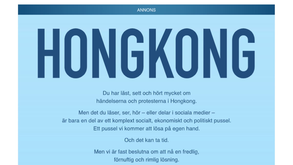 Kuvakaappaus Dagens Nyheterin mainoksesta lehdessä 20. syyskuuta. 