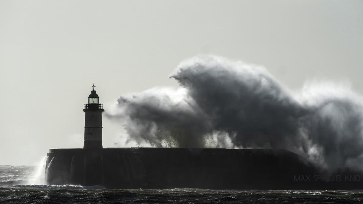 A general view showing a lighthouse in Newhaven, East Sussex, Britain, 10 February 2020. The UK is suffering inclement weather as Storm Ciara passes through the country.