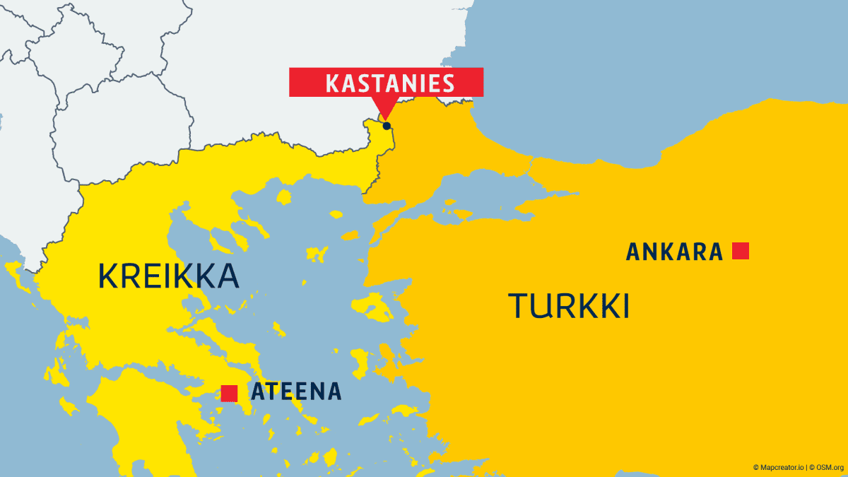 Kreikka, Turkki, Ateena, Ankara ja rajakaupunki Kastanies merkittynä kartalla
