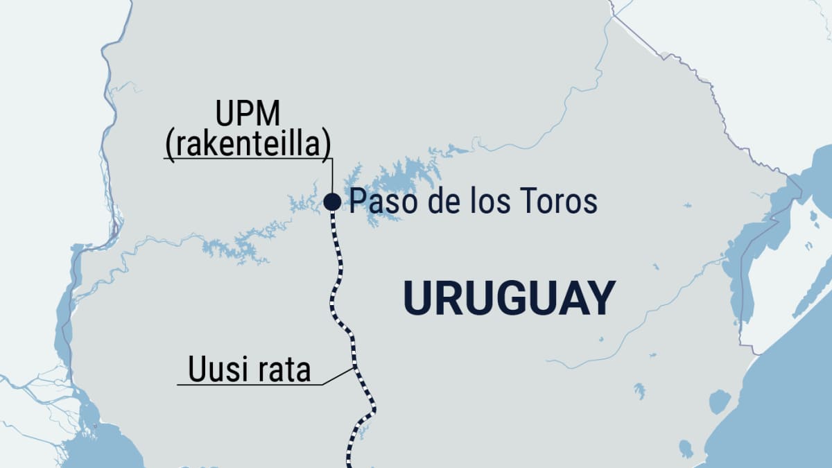 Kartta rakennettavasta junaradasta Uruguaysta Paso de los Torosta Montevideoon.