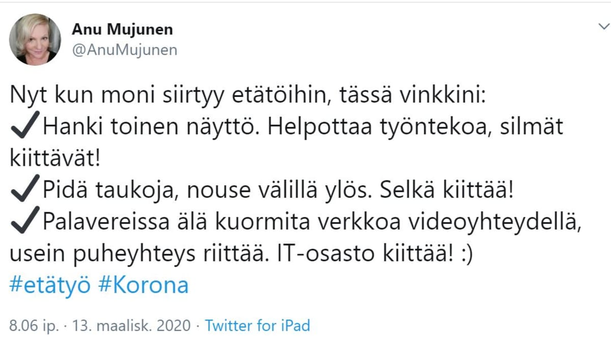 Anu Mujusen twiitti etätyöstä