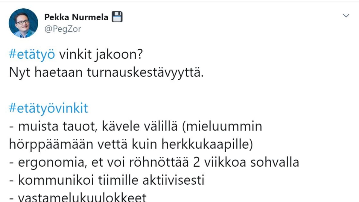 Pekka Nurmelan twiitti etätyöstä