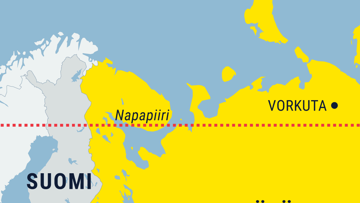 Kartta, joka kuvaa Vorkutan sijainnin Napapiirin pohjoisella puolella Venäjällä.