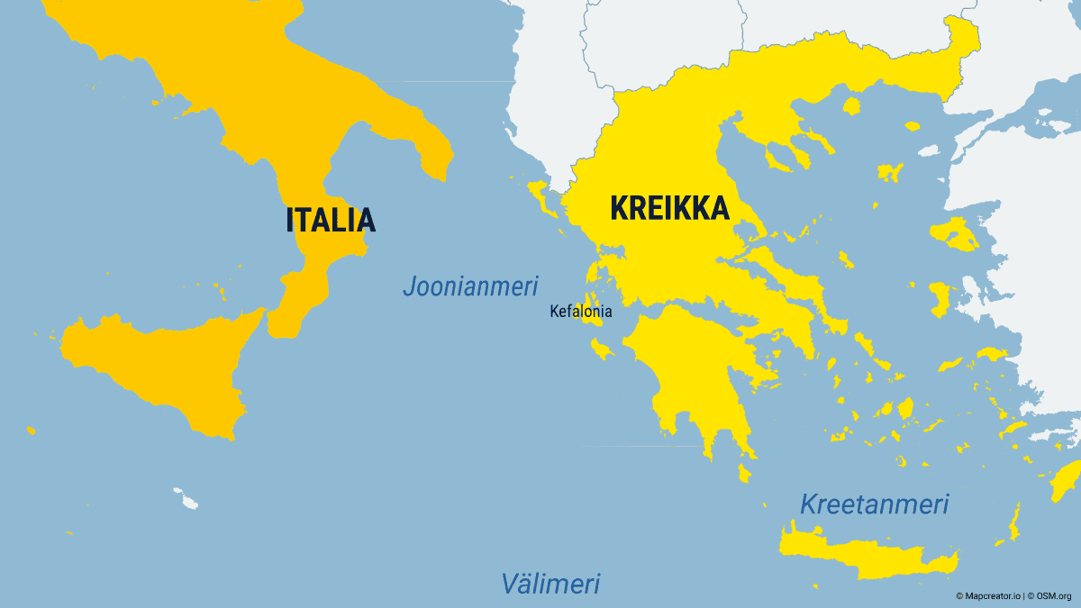 Kuvassa on kartta, jossa näkyy muun muassa Italiaa ja Kreikka.