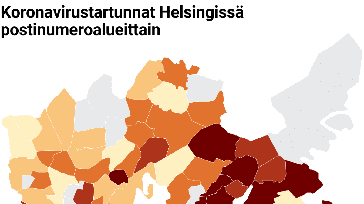 Kartta koronatartunnoista Helsingissä postinumeroalueittain.