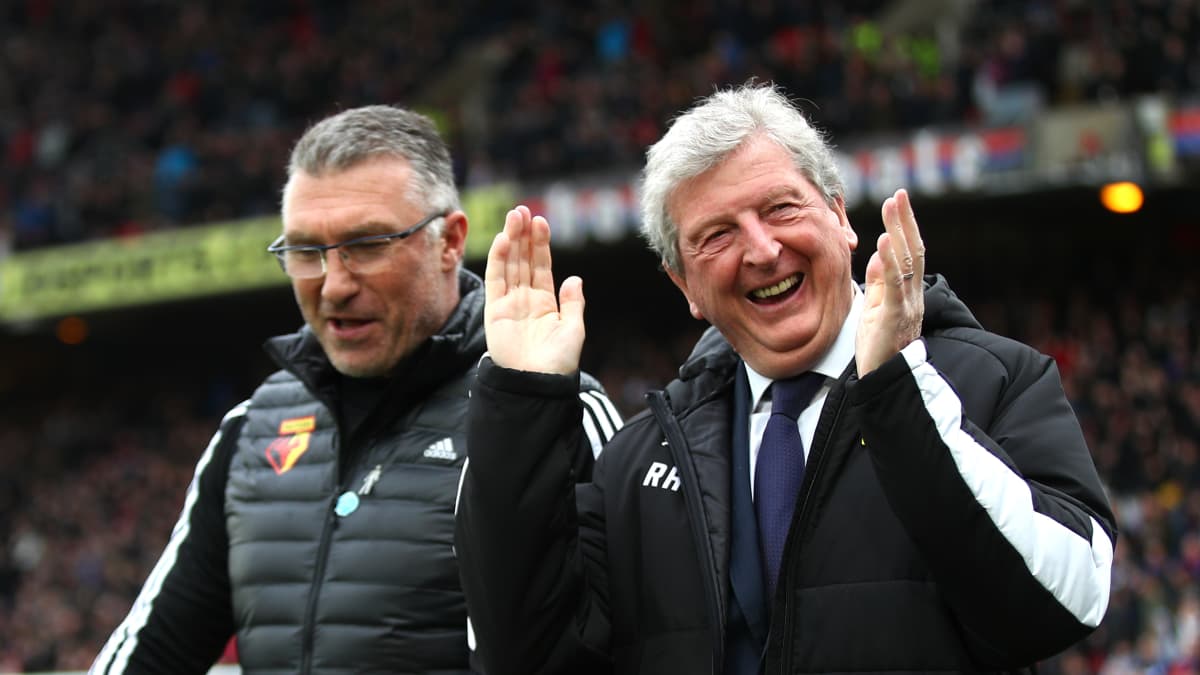 Watfordin manageri Nigel Pearson (vas.) ja Crystal Palacen manageri Roy Hodgson.