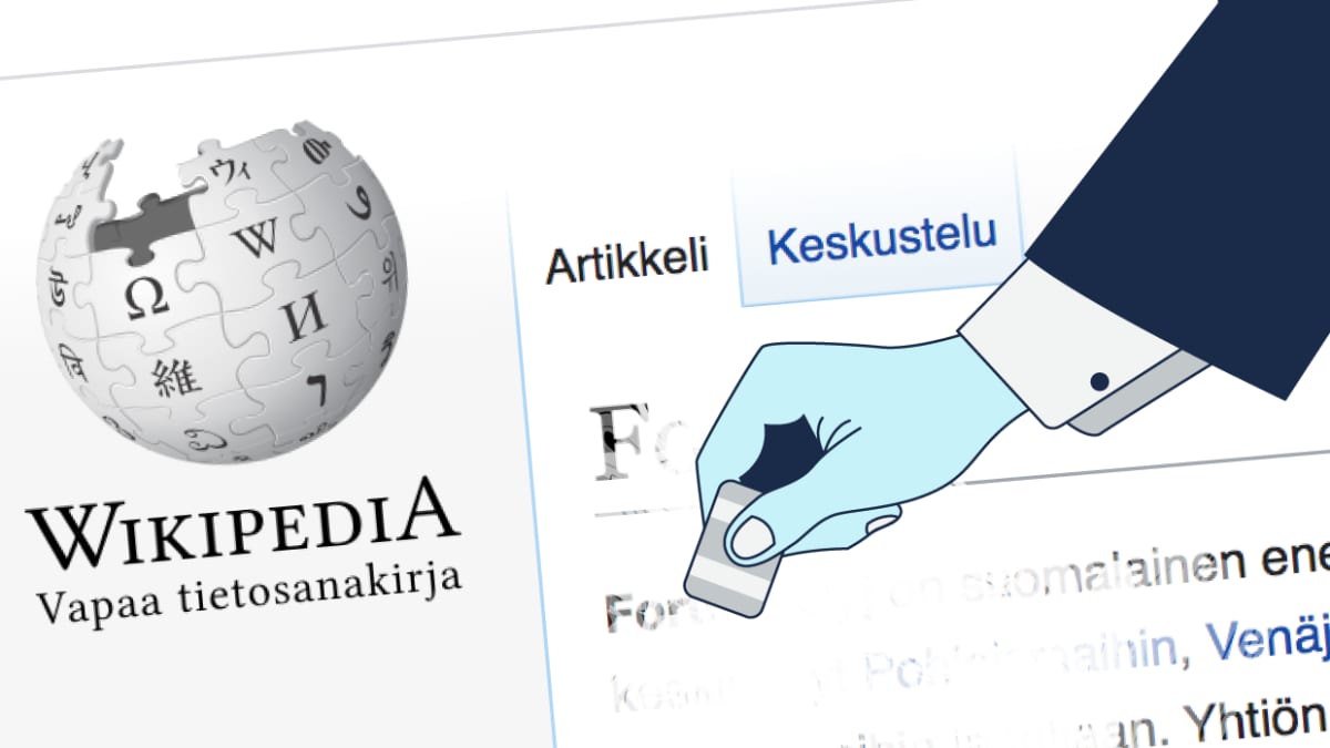 Käsi pyyhkii Wikipedia-artikkelia pyyhekumilla