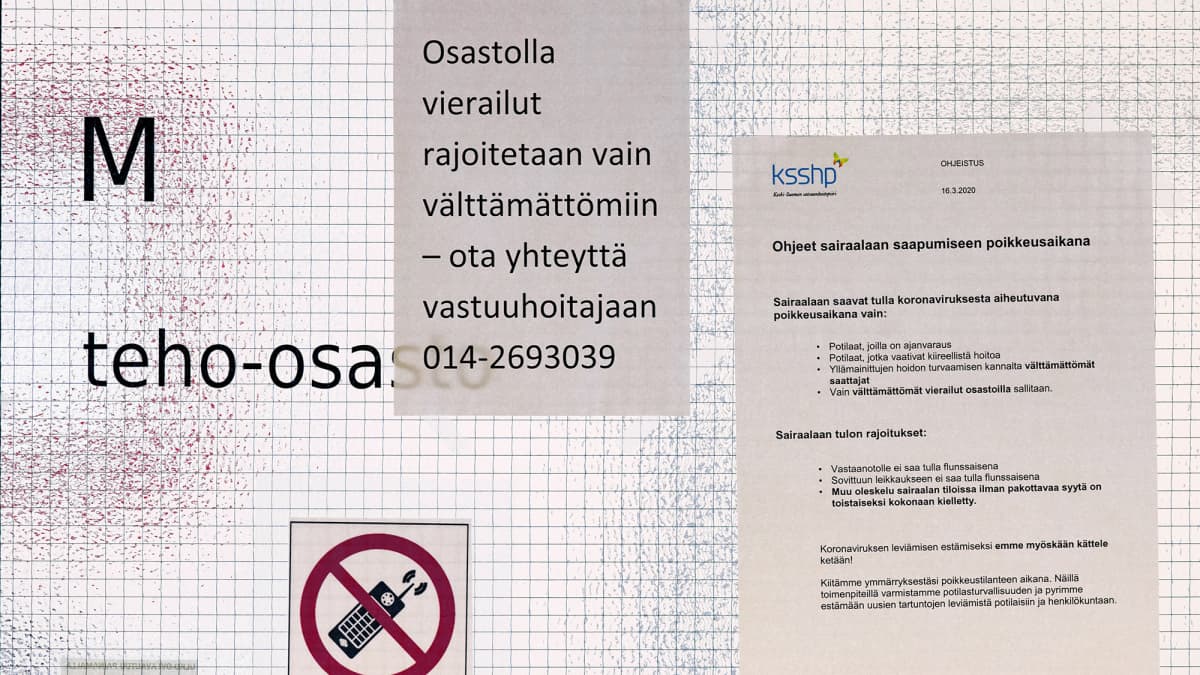 Liikkumisrajoituksia koskevia ilmotuksia teho-osaston ovessa Keski-Suomen keskussairaalassa.
