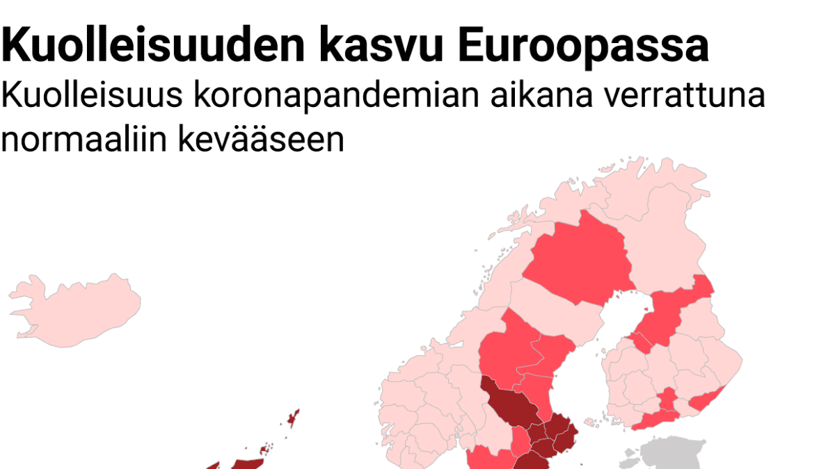 Korona-ajan kuolleisuus Euroopassa normaaliin verrattuna.