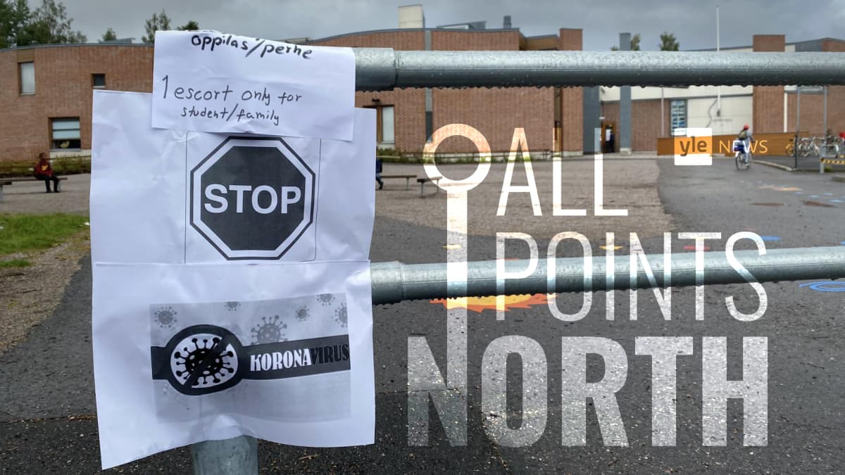 Photo of Helsinki schoolyard featuring Yle News' All Points North logo