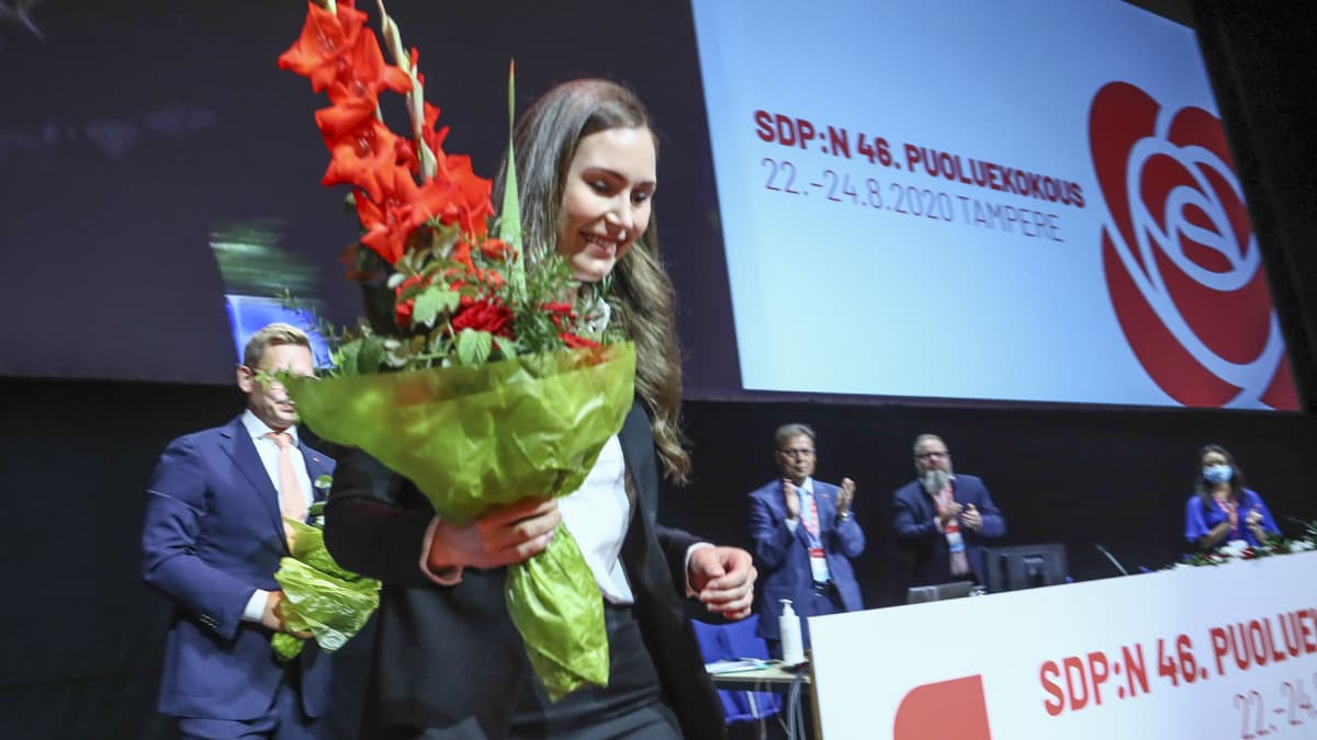Pääministeri ja puolueen puheenjohtajaksi valittu Sanna Marin Suomen Sosialidemokraattisen Puolueen 46. puoluekokouksessa Tampereella sunnuntaina 23. elokuuta 2020