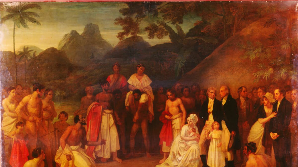 Brittitaiteilja Robert Smirken maalaus The Cession of Matavai in Tahiti to Captain James Wilson (1799) esittää Tahitin kuninkaan tapaamista vuonna 1797 lähetyssaarnaajien kanssa. Peter Hagersteinia esittävä valkeahiuksinen hahmo keskellä.