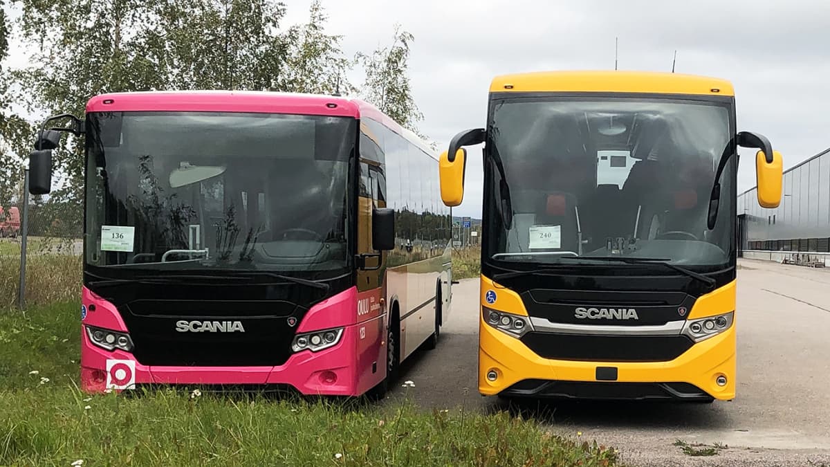 Kaksi bussia SOE Busproductionin pihalla