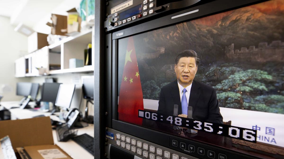 Kiinan presidentti Xi Jinping YK:n yleiskokokouksessa videoyhteyden välityksellä.