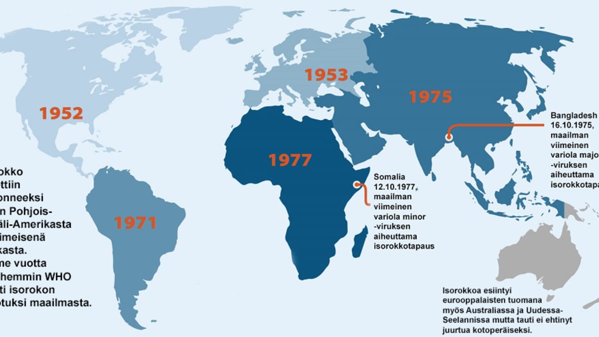 Maailmankartta, johon on merkitty isorokon hävittämisen vuodet: Pohjois- ja Väli-Amerikka 1952, Eurooppa, Etelä-Amerikka 1971, Aasia 1975 ja Afrikka 1977. Australiaan isorokko ei ehtinyt koskaan juurtua. Lisäksi paikat, joissa todettiin viimeiset isorokkotapaukset: variola major Bangladeshissa 16.10.1975 ja variola minor Somaliassa 12.10.1977.