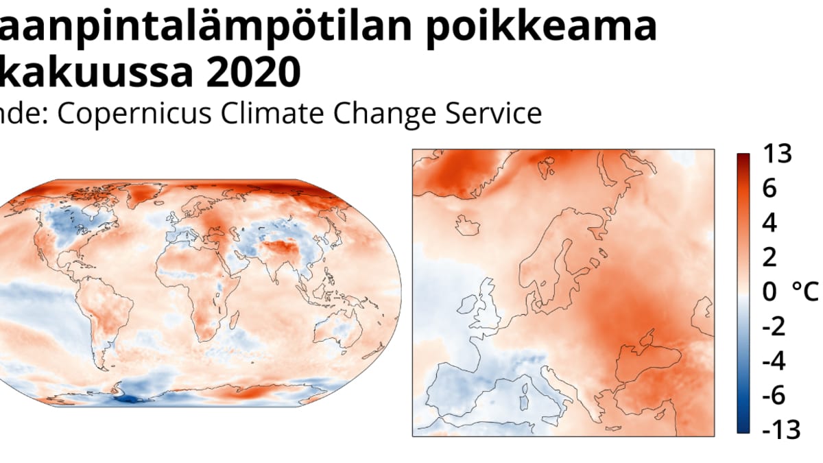 Maanpintalämpötilan poikkeama lokakuussa 2020