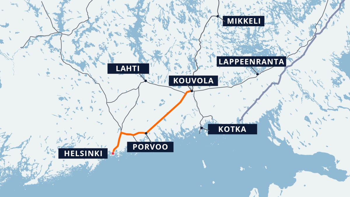 Proposed new route from Helsinki via Porvoo to Kouvola.