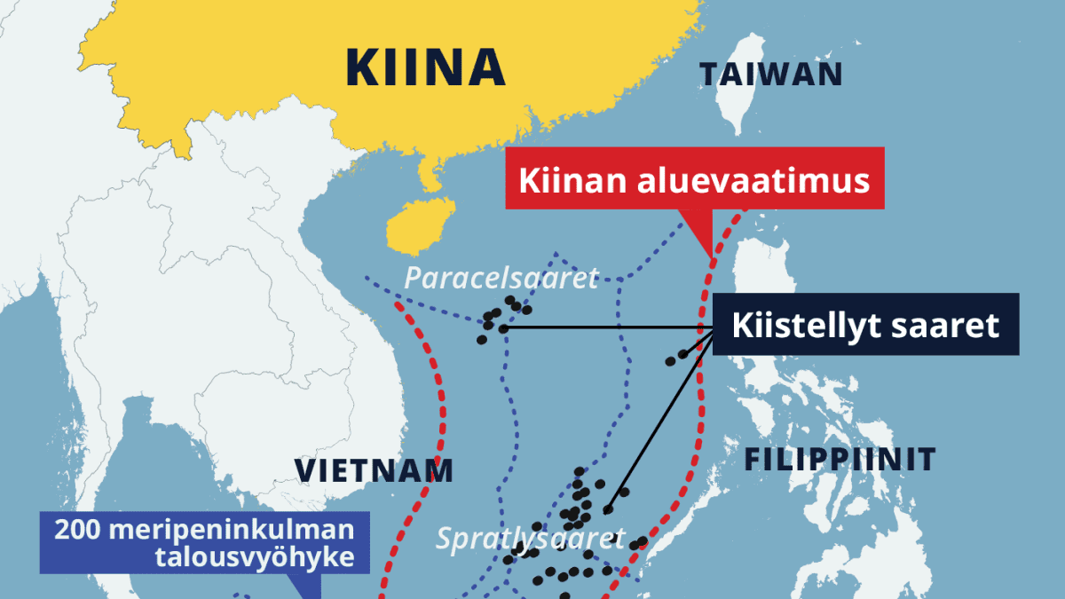 Kartta, johon merkitty Kiinan aluevaatimus ja kiistellyt saaret (mm. Paracel- ja Spratlysaaret).