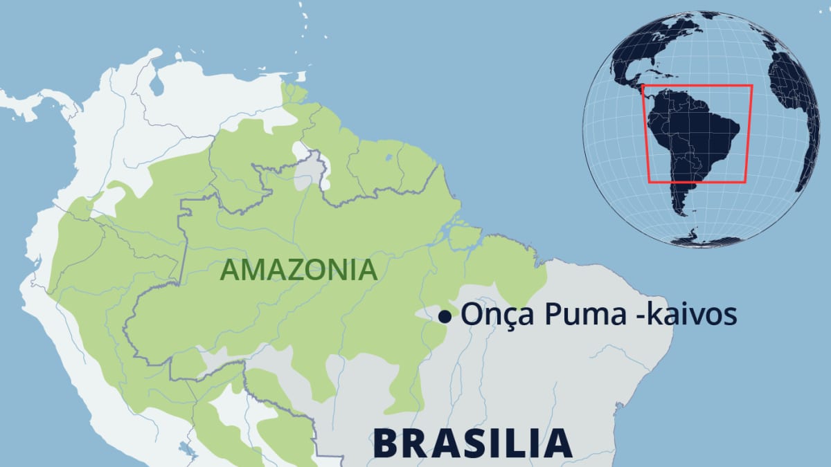 Kartassa Brasiliassa sijaitseva Onça Puma -kaivos ja Amazonian alue.
