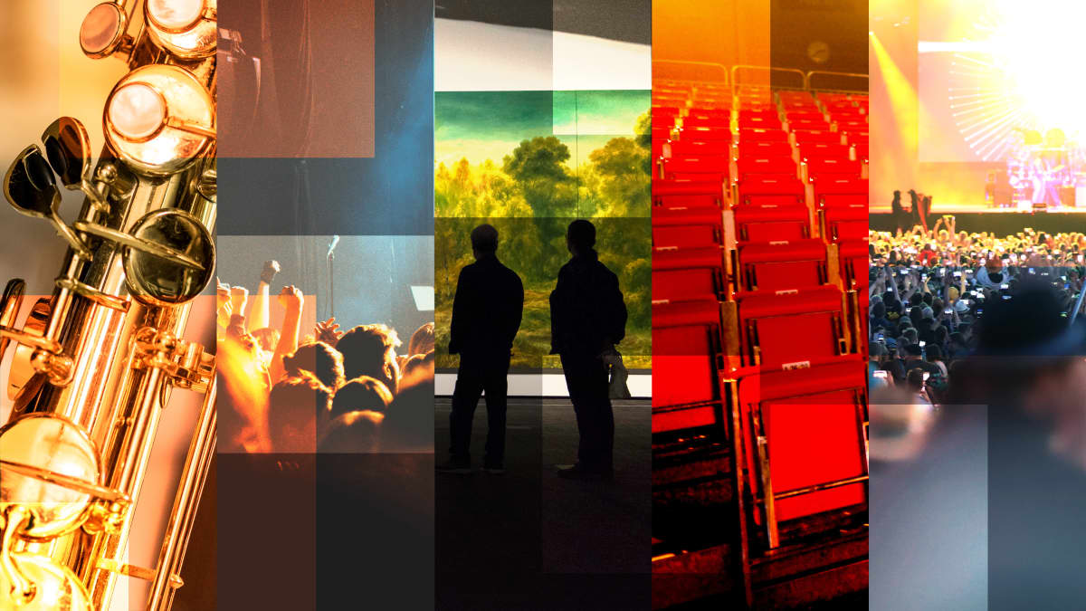 Kuntien kulttuurirahoitus, kuvakollaasi eri kulttuuritapahtumista. Taidenäyttelyt, festarit, konsertit, teatteri.