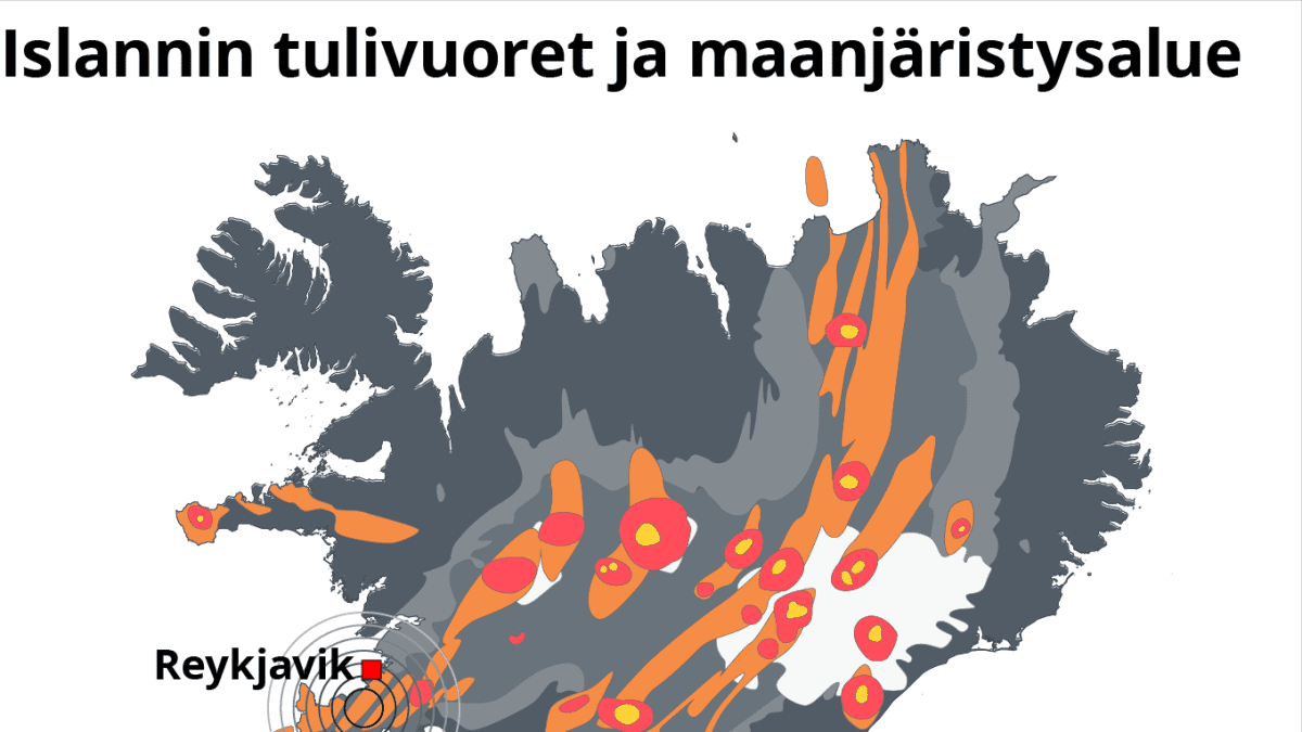 Infokartta Islannin tulivuorista ja maanjäristysalueista.