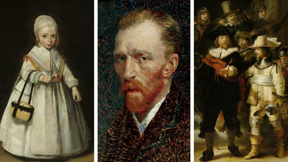 Yksityiskohdat maalauksista: Gerard ter Borchin muotokuva Helena van der Schalckesta, Vincent van Goghin omakuva ja Rembrandtin Yövartio.