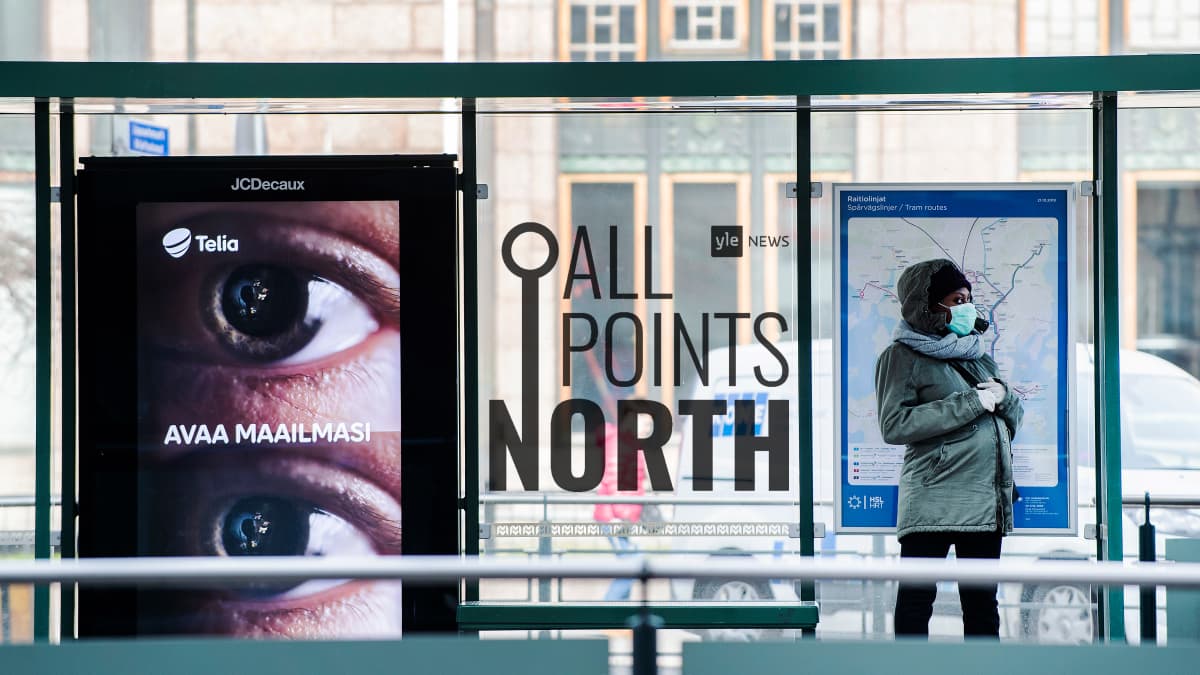 Photo of woman waiting at bus stop in Helsinki featuring All Points North podcast logo.