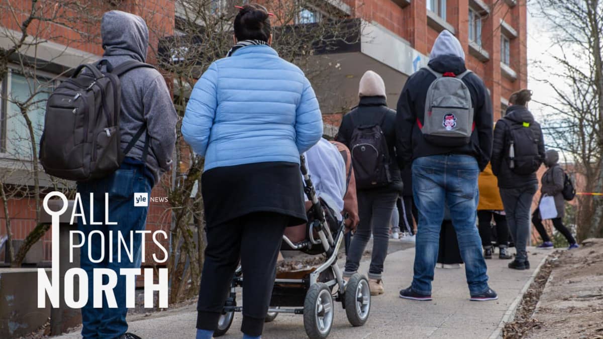 Photo of people queuing outside Finnish Immigration Service featuring All Points North podcast logo.