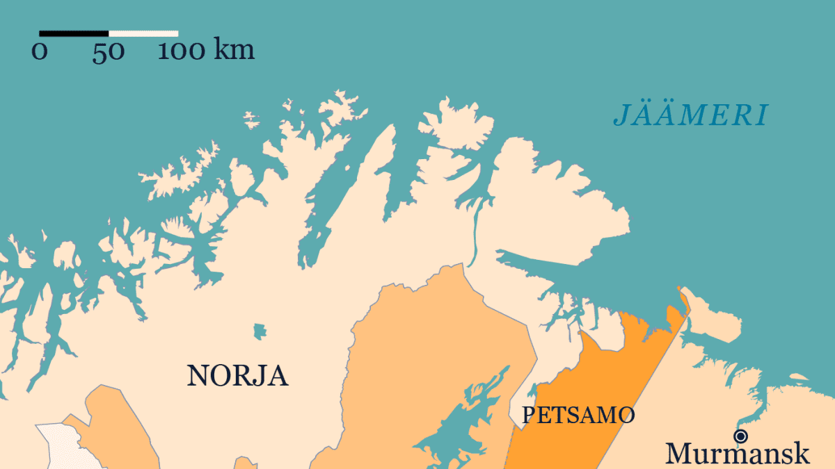 Kartalla vuosina 1920-1944 Suomeen kuulunut Petsamon alue.