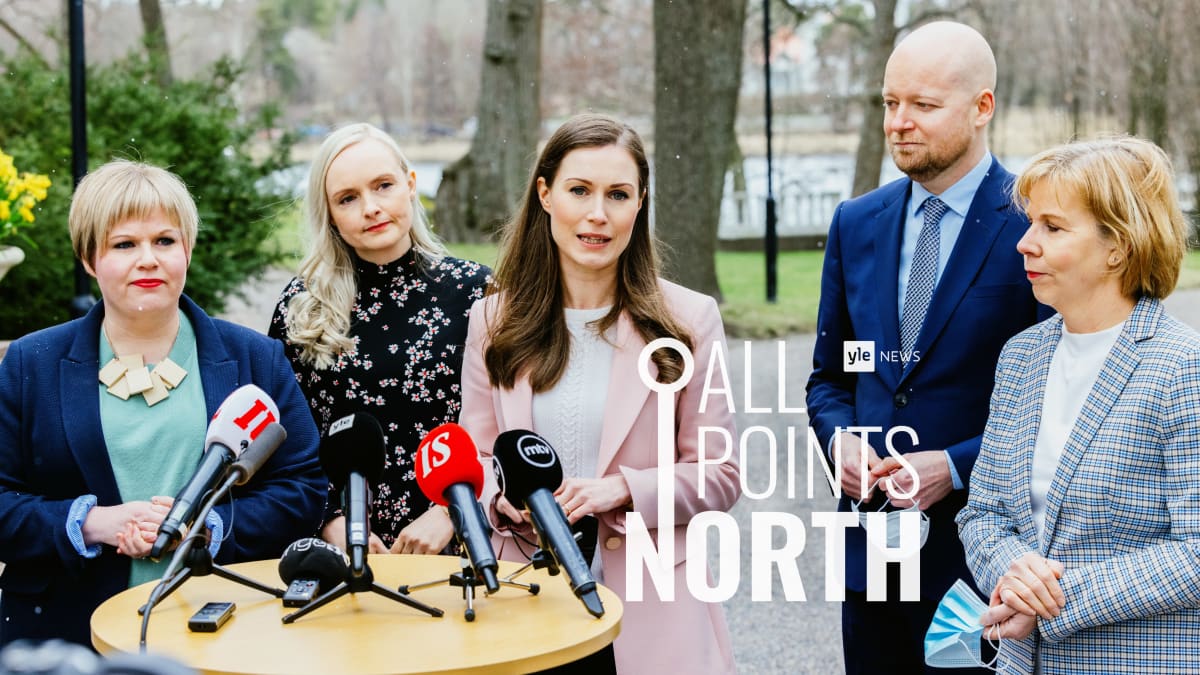 Photo of Prime Minister Sanna Marin (in middle) and members of her government featuring All Points North podcast logo. 