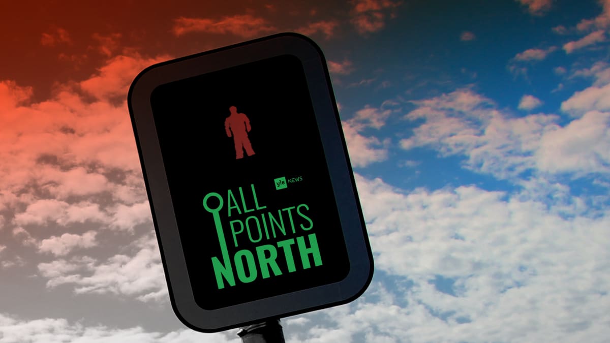 Photo collage of a pedestrian crossing traffic light, featuring the All Points North podcast logo.