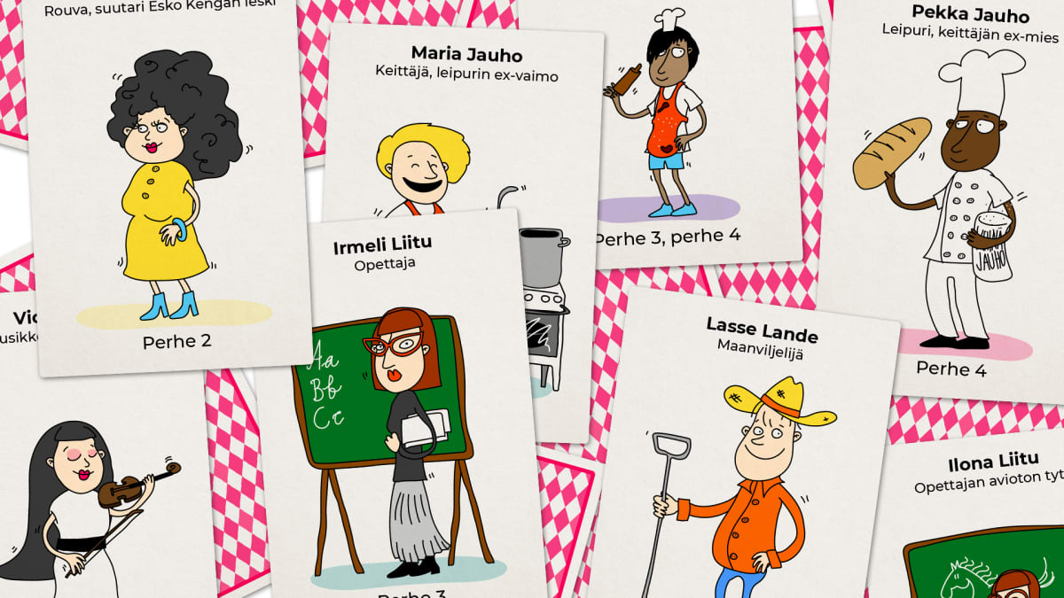 Hullunkuriset perheet -pelin tyylisiä pelikortteja, joissa erilaisia perheenjäseniä useasta eri perheestä.
