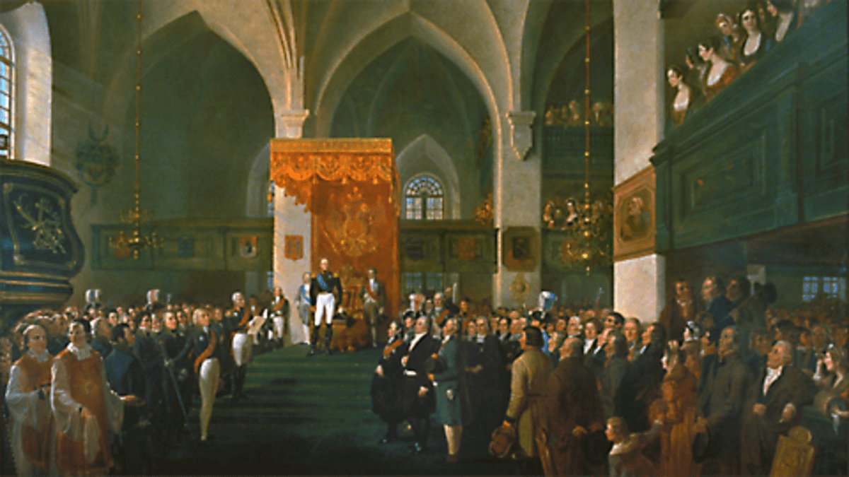 Keisari Aleksanteri I avaa Porvoon valtiopäivät 1809. Emanuel Thelningin maalaus.