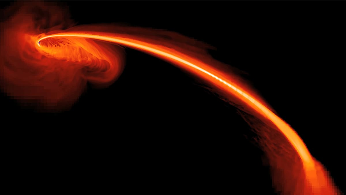 Tietokoneella luodussa havainnekuvassa näkyy mustan aukon nielaisemasta tähdestä peräisin oleva voimakas kaasupurkaus.
