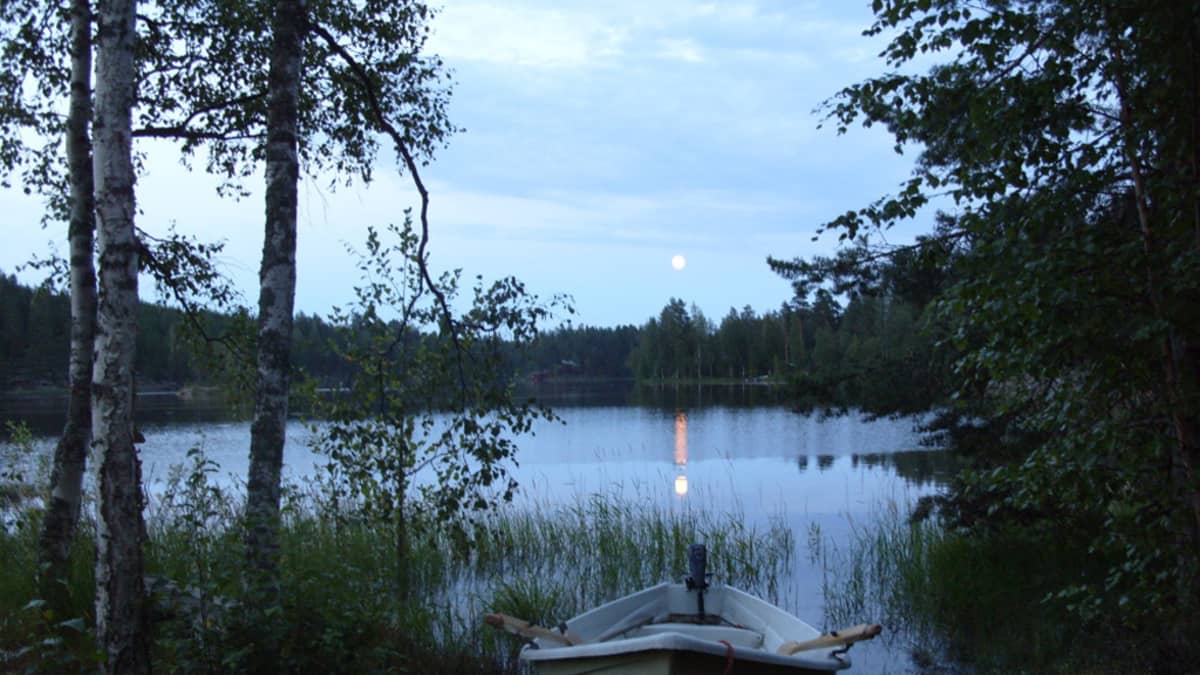 Soutuvene rannassa kuutamolla.