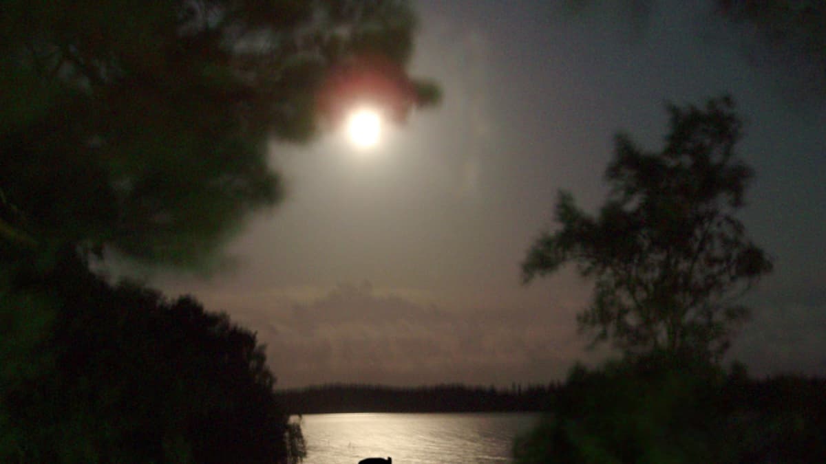 Kaksi ihmistä on sylikkäin kalliolla järven rannalla ja kuu nousee taustalla.