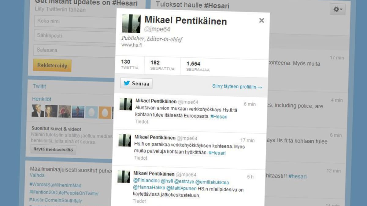 Mikael Pentikäisen Twitter-päivityksiä verkkohyökkäyksestä.