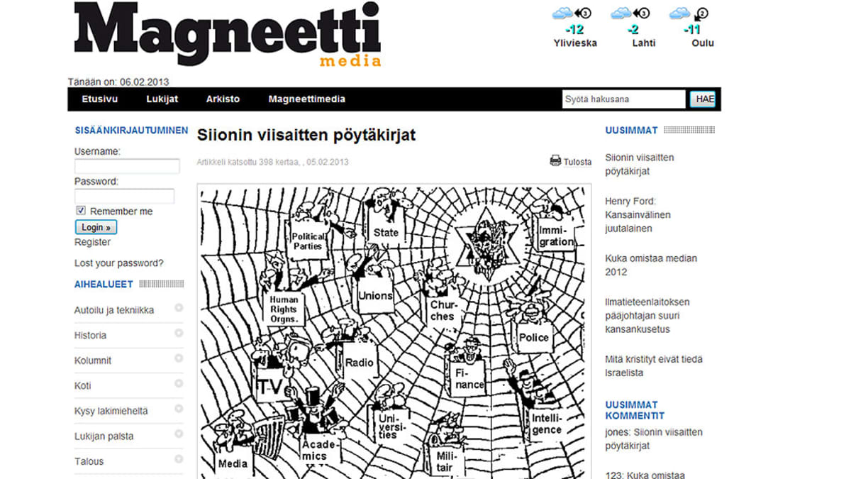 Magneettimedian verkkosivuilla juutalaisvastaisia kirjoituksia.