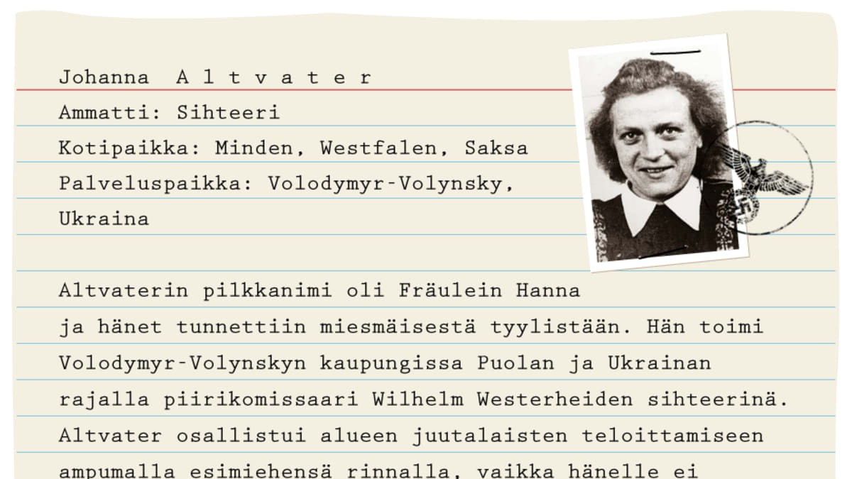 Henkilökortti: Johanna Altvater, sihteeri. Kotipaikka Miden, Westfalen. Palveluspaikka Volodymyr-Volynsky, Ukraina. 