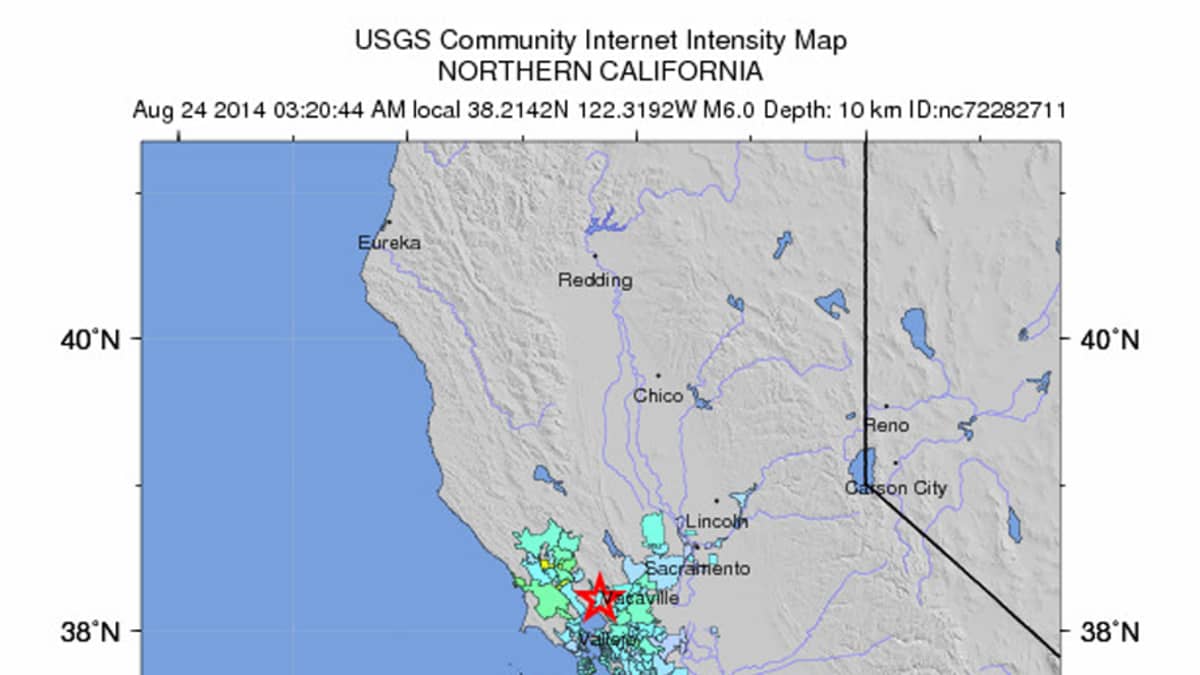Yhdysvaltain geologian tutkimuskeskuksen julkaisema kartta San Franciscon maanjäristysalueesta 24. elokuuta.