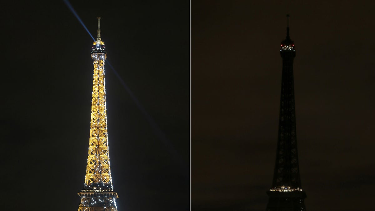 Kuvakombo Eiffel-tornista valaistuna ja pimeänä.