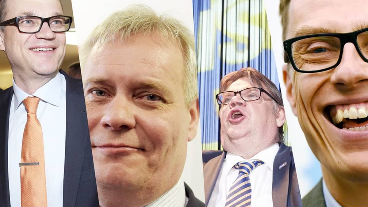 Juha Sipilä (kesk.), Antti Rinne (sd.), Timo Soini (ps.) ja Alexander Stubb (kok.)